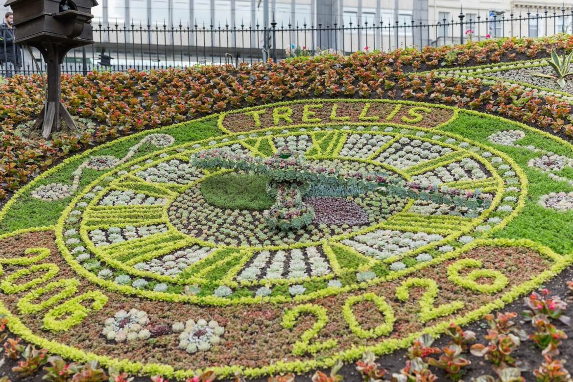 Edinburgh’s Floral Clock planted with colourful foliage in West Princes Street Gardens.
