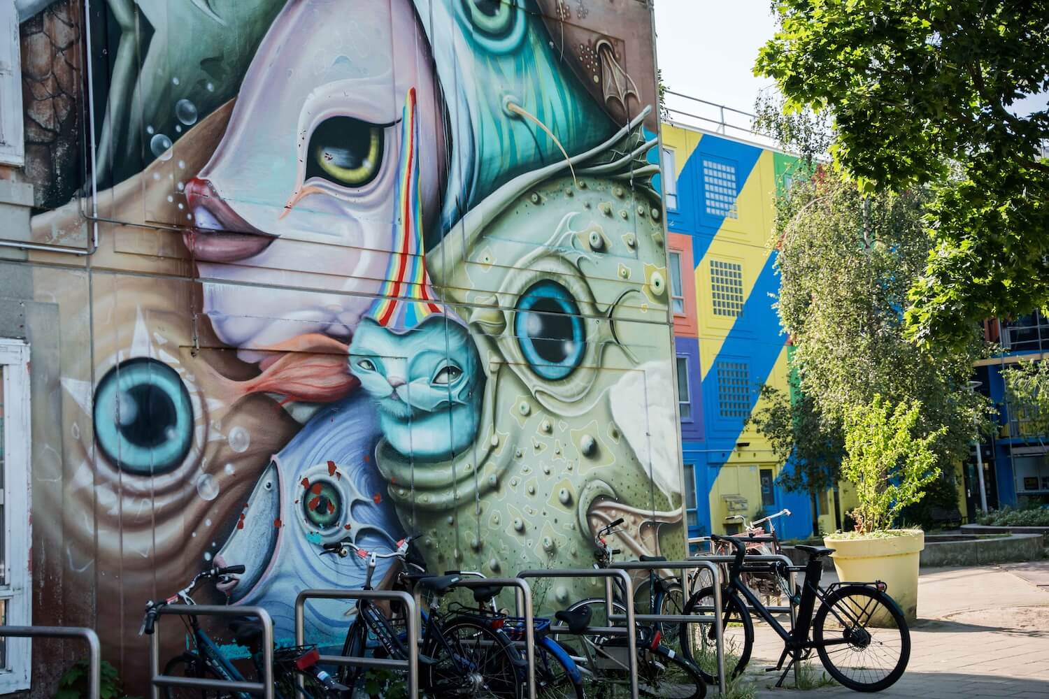 Large surrealist street-art mural and parked bicycles in the creative Heesterveld neighbourhood.