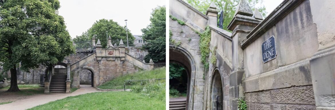 Stone archway marked The Dene beneath St Deans Bridge, the meeting point for the Hidden Edinburgh Nature Tour.