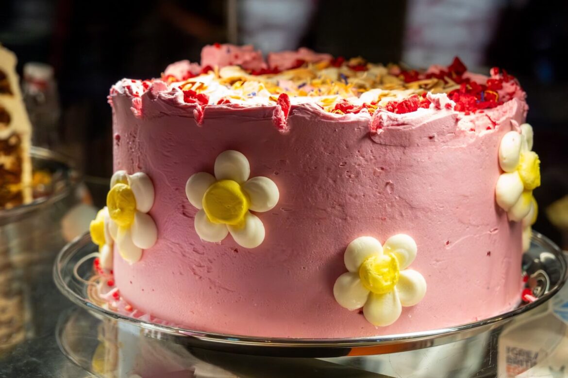 Intricately decorated cake on a display at Richmond Tea Rooms