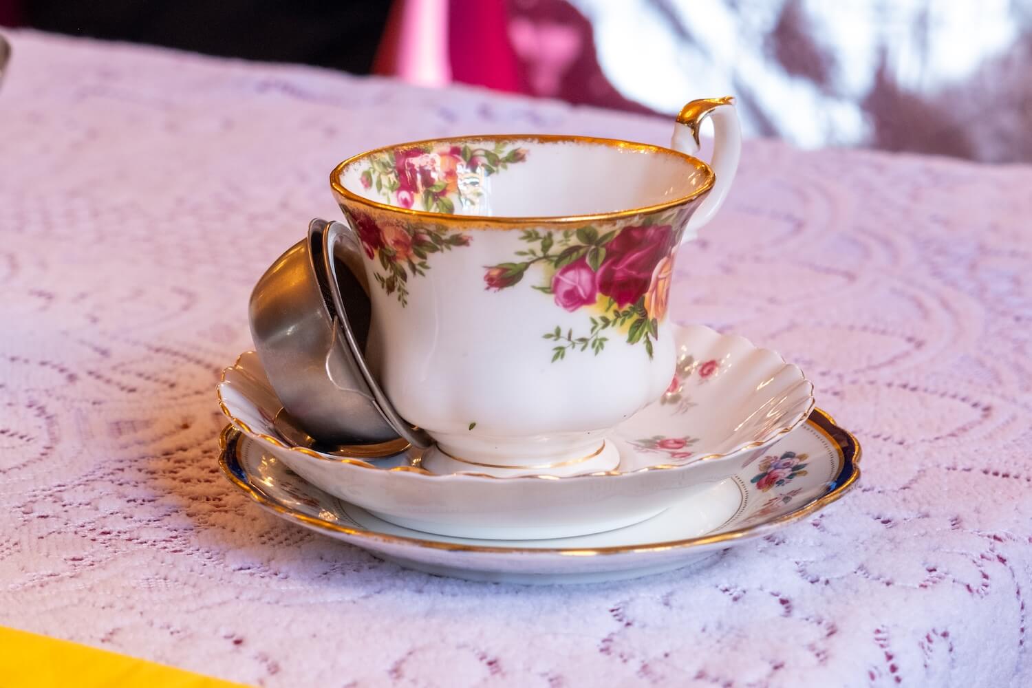 Vintage teacup at Richmond Tea Rooms, where the women’s history tour ends with tea and cake