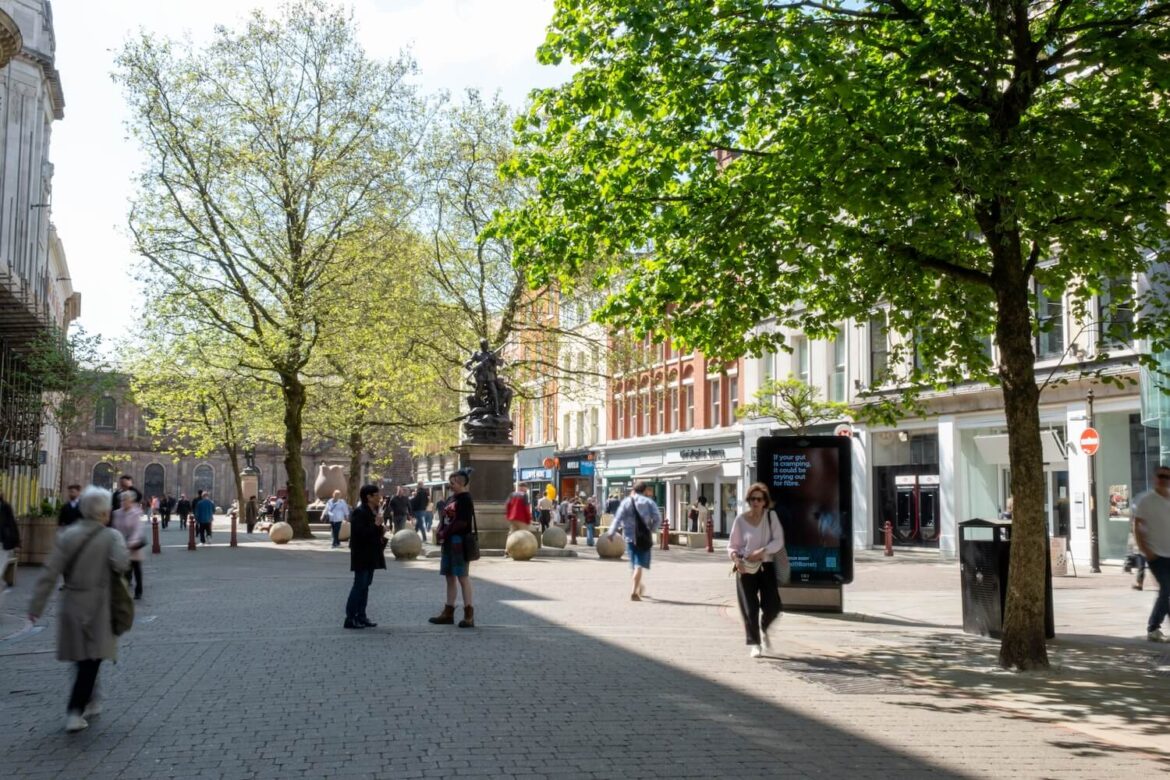 St Ann’s Square, the meeting point of the Manchester Women's history walking tour, on a sunny day